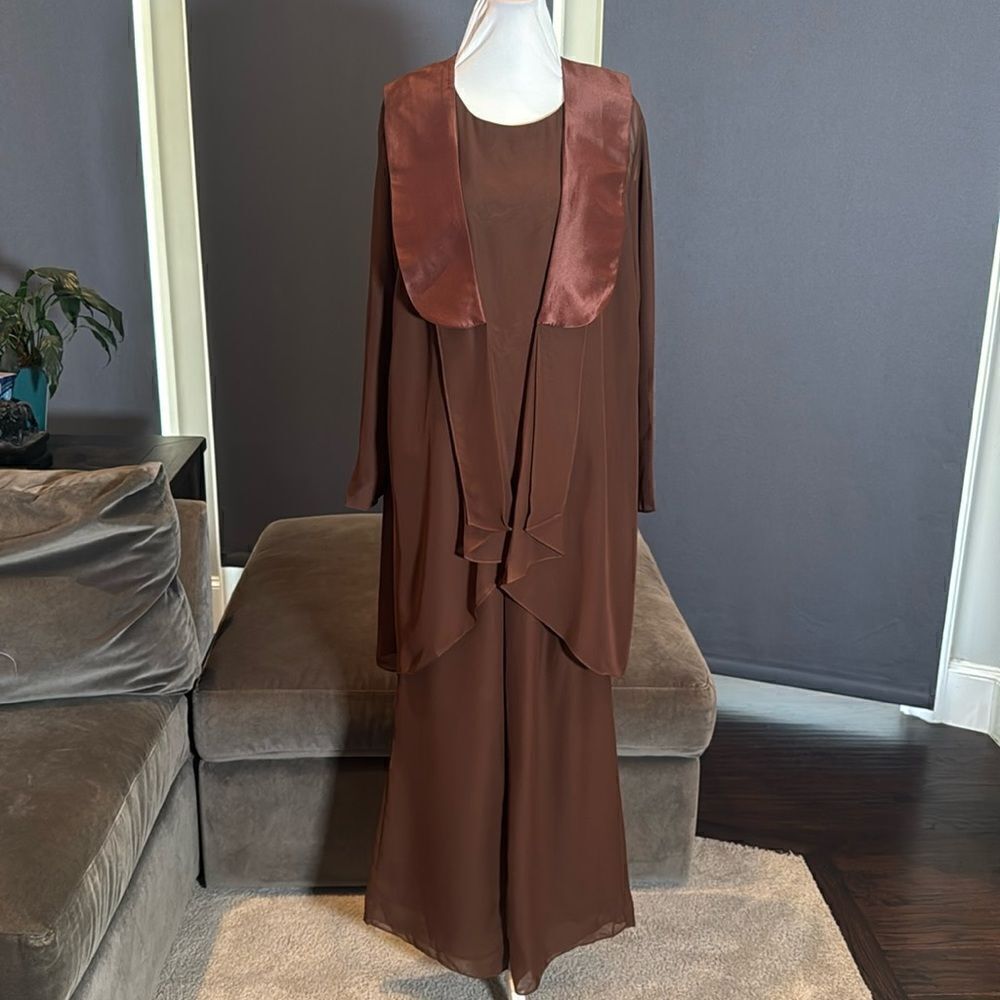 Women’s Brown Chiffon Lapel Jacket 3 Piece Formal Wedding Party Pant Suit Size 4